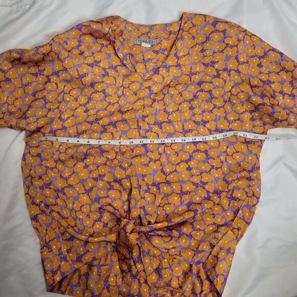 VINTAGE orange floral purple tie front short sleeve‎ blouse M - Picture 8 of 9